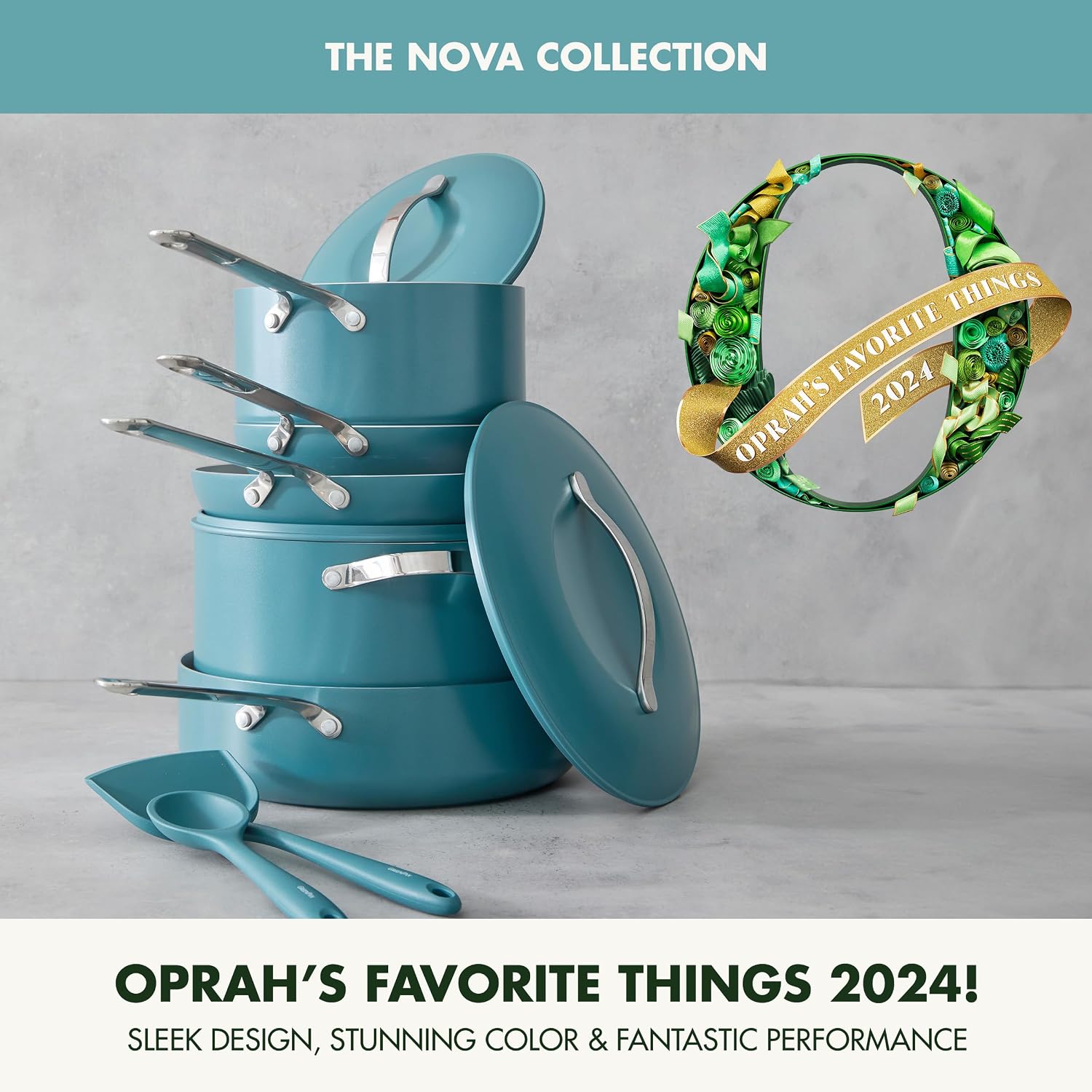 GreenPan Nova 10-Piece Cookware Pots & Pans Set, Oprah's Favorite Things 2024, PFAS-Free Ceramic Nonstick, Fry, Sauté, Stockpot, Utensils, Lids, Induction Suitable, Dishwasher & Oven Safe, Deep Teal