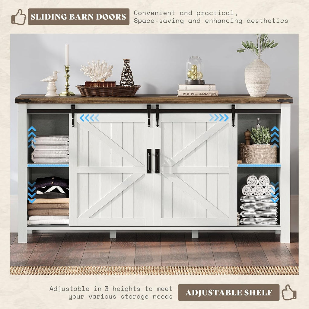 AMERLIFE 4-Piece Farmhouse Bedroom Set in Distressed White, Full Size Bed Frame with Bookcase Headboard, 5-Drawer Tall Dresser, 47'' Dresser with 4 Drawers, 60' Dresser with 4 Drawers