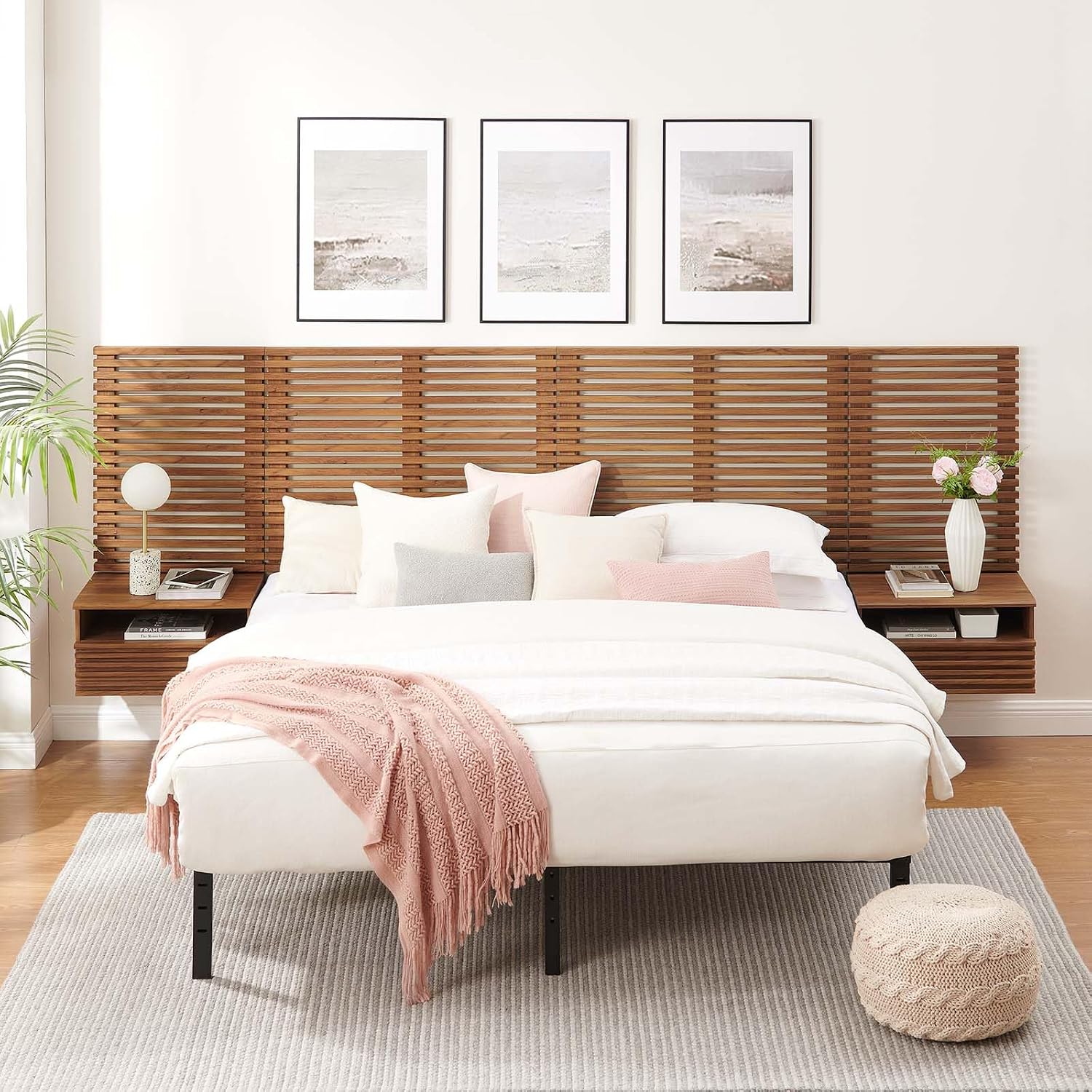 Modway Render Wall-Mount King Headboard and Modern Nightstands Bedroom Set in Walnut