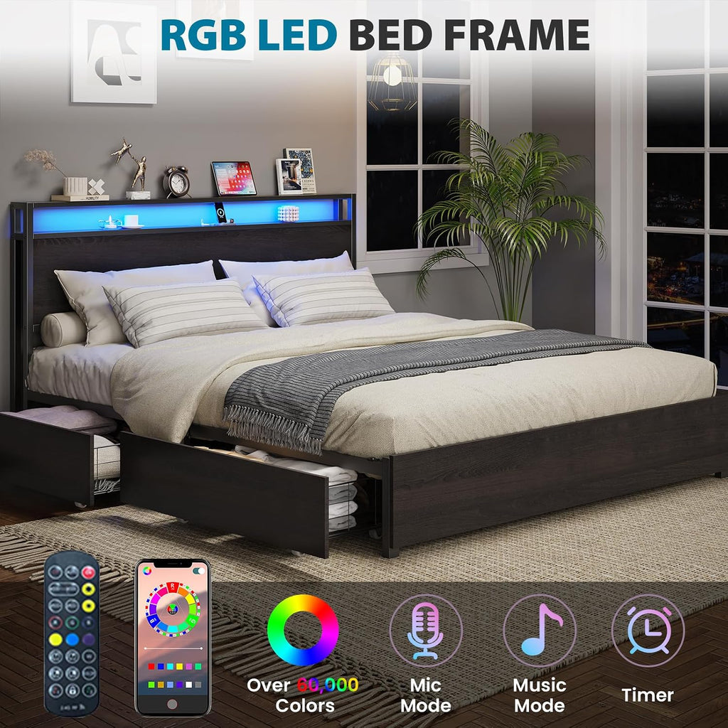Kiivakii King Size Bed Frame with 4 Storage Drawers, LED Platform Bed with Headboard, Built in Charging Station, Noise Free, Metal Support Base, No Box Spring Needed, Black