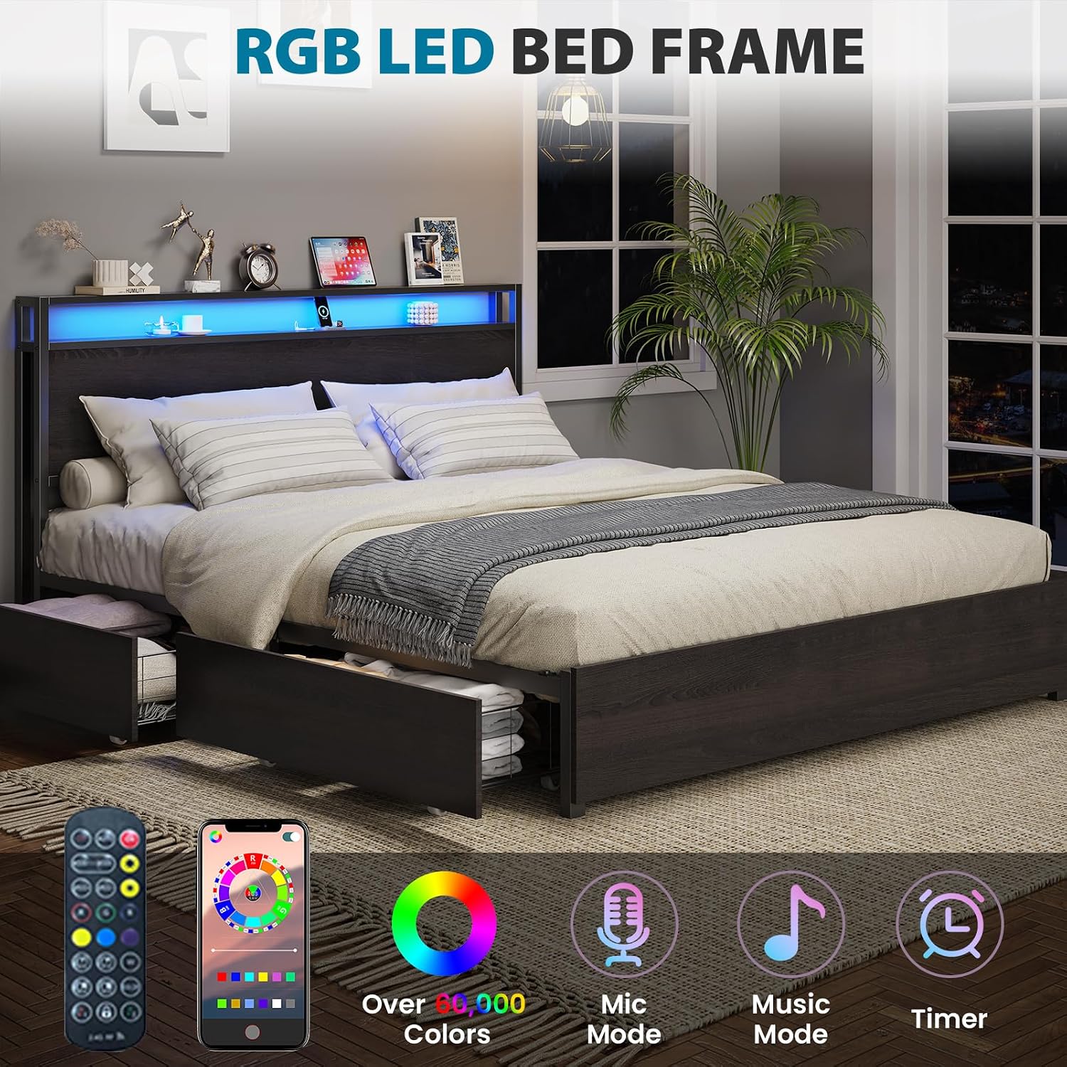 Kiivakii King Size Bed Frame with 4 Storage Drawers, LED Platform Bed with Headboard, Built in Charging Station, Noise Free, Metal Support Base, No Box Spring Needed, Black
