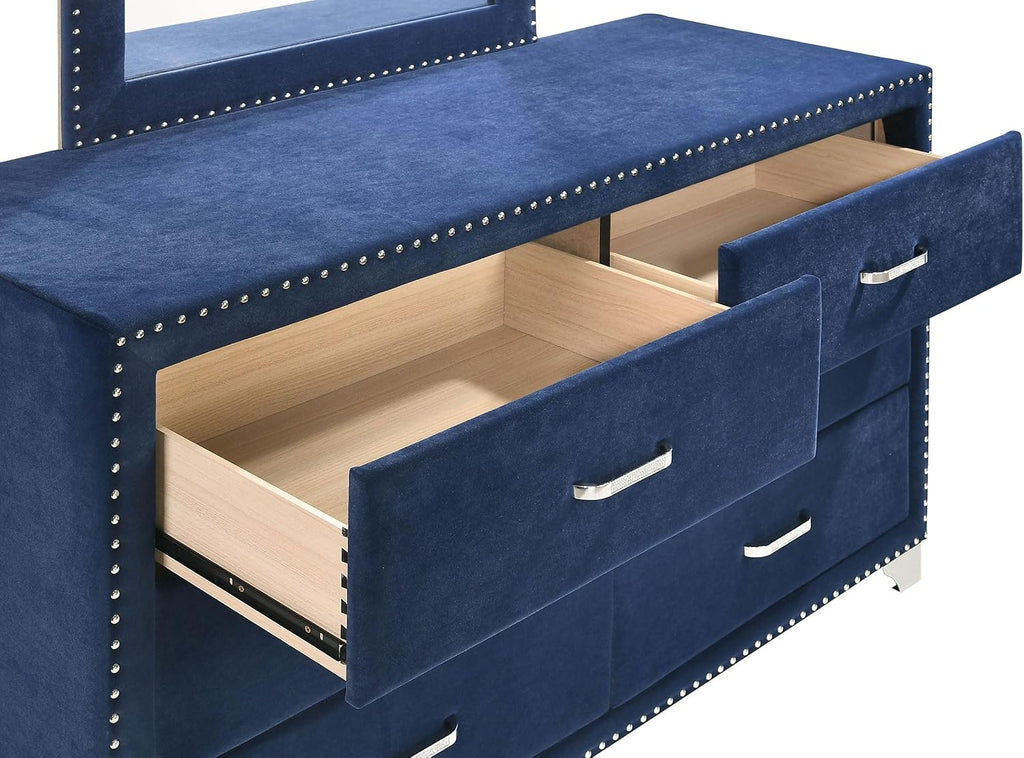 Coaster Home Furnishings Melody Modern Classic 4-Piece Bedroom Set Velvet Upholstered Queen Size Wingback Bed Frame 66-inch Headboard Pacific Blue 223371Q-S4