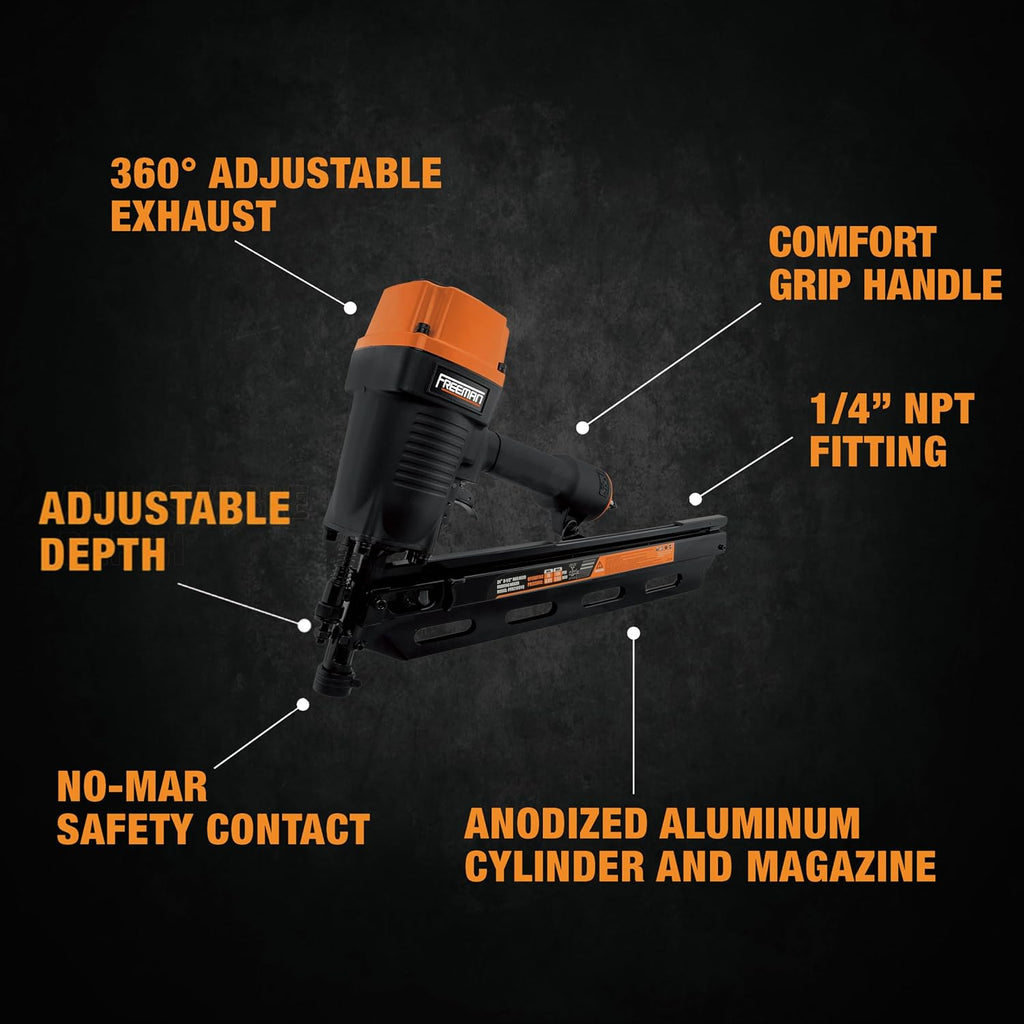 Freeman Pneumatic 21 Degree Framing Nailer with Nails | 2' – 3-1/2' Full Round Head Nails | Anti-Dry-Fire, Dual Trigger, Depth Adjust, and Comfort Grip | PFR2190NQ