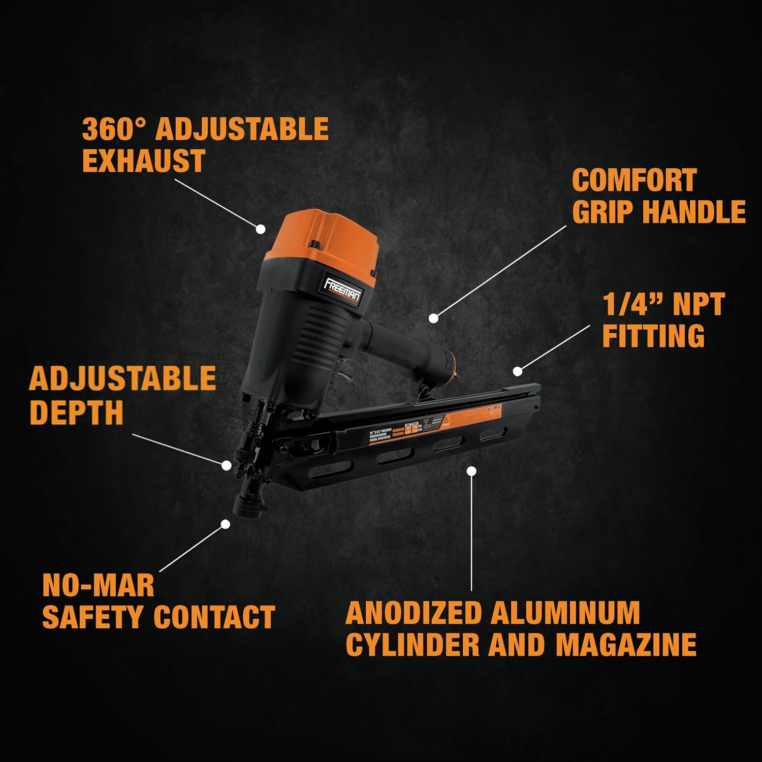Freeman Pneumatic 21 Degree Framing Nailer with Nails | 2' – 3-1/2' Full Round Head Nails | Anti-Dry-Fire, Dual Trigger, Depth Adjust, and Comfort Grip | PFR2190NQ