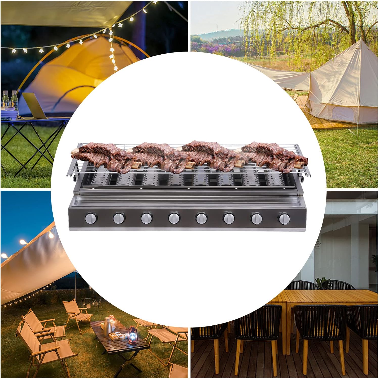8 Burners Portable Gas Grill Tabletop Smokeless Stainless Steel Gas BBQ Grill with Griddle Independent Ignition,Propane LPG Grill for Outdoor Camping Picnic Kitchen (40.94 * 15.7 * 7.9in- 8 Burners)