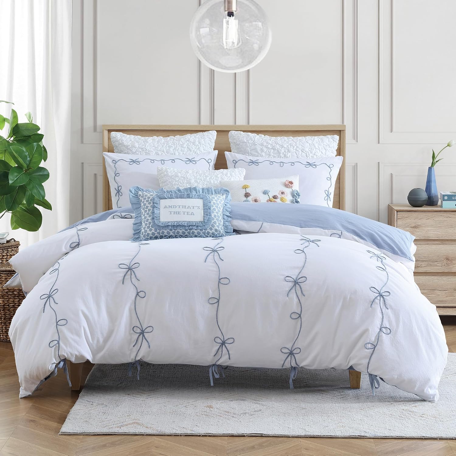 Peri Home Bows Bedding Cottage Core 100% Cotton 3-Piece Comforter and Sham Set, Full/Queen, Blue Sasha Bows