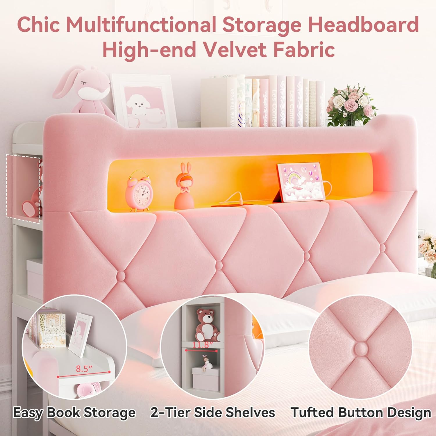 Queen Upholstered LED Bed Frame with 2 Storage Drawers and 2-Tier Storage Headboard,Velvet Princess Platform Bed with Charging Station & Bookcase, Corner Bed Frame, Heavy Duty Metal Support, Pink