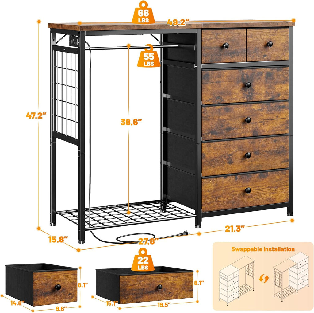 EnHomee 49.2' W Dresser with Hanging Rack & 6 Fabric Drawers – Wooden Top Organize Unit Featuring LED Lights, Charging Station & Grid Panel & Hooks for Bedroom, Rustic Brown