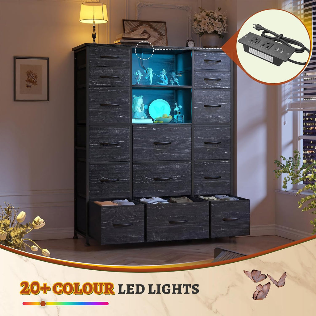 EnHomee 51' H Dresser with 15 Drawers Dresser for Bedroom with Charging Station & LED Lights & Hutch Sturdy Black Bedroom Dressers, Steel Frame, Wood Top, 51.2' H x 39.3' W x 11.8' D