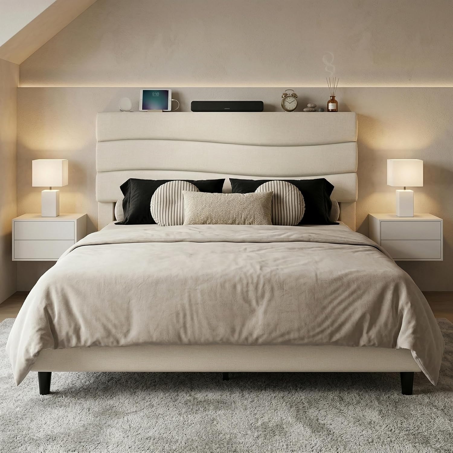 EnHomee Queen Bed Frame with Adjustable Height Upholstered Headboard, 3 USB Charging Ports, Noise-Free Platform Bed, No Box Spring Needed, Beige