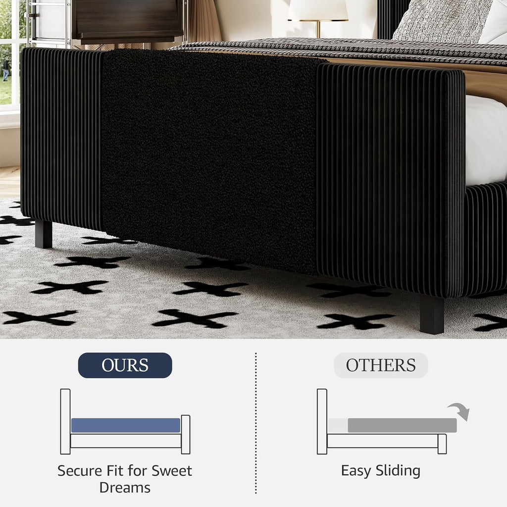 Lihimte Queen Size Bed Frame with Tall Headboard and Footboard, Boucle and Corduroy Upholstered Bed Frame Queen with LED Lights, Modern Platform Bed Frames, Noiseless, Easy Assembly, Black
