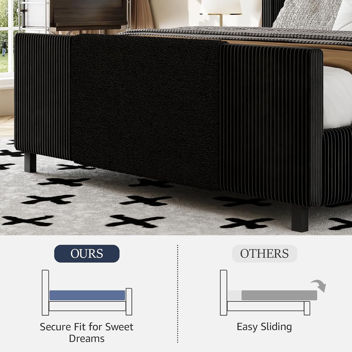 Lihimte Queen Size Bed Frame with Tall Headboard and Footboard, Boucle and Corduroy Upholstered Bed Frame Queen with LED Lights, Modern Platform Bed Frames, Noiseless, Easy Assembly, Black