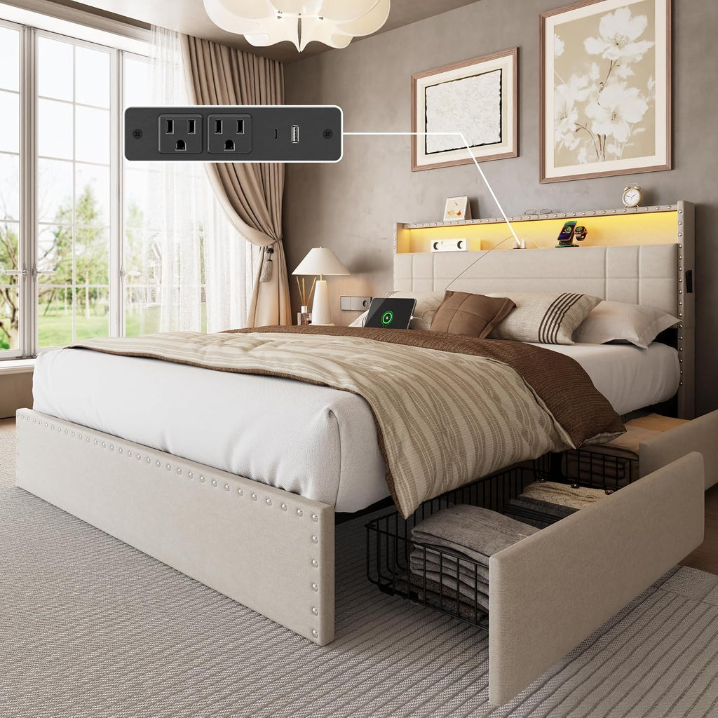 Forestell Full Size Bed Frame with 4 Drawers and Storage Headboard, Upholstered Platform Bed Frame Full Size with LED Lights and Charging Station, Metal Slats Support, No Box Spring Needed, Beige