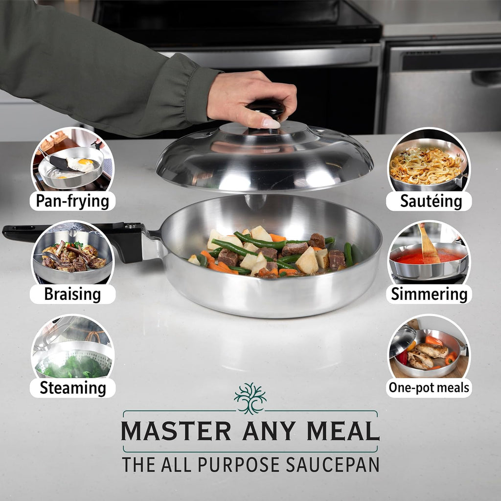 MAGNAWARE Cast Aluminum Sauté Pan with Lid 10 inch - Oven Safe Deep Frying Pan with Lid, Two Side Spouts and Ergonomic Stay-Cool Handle for Comfortable Grip and Pouring (3 Quart)