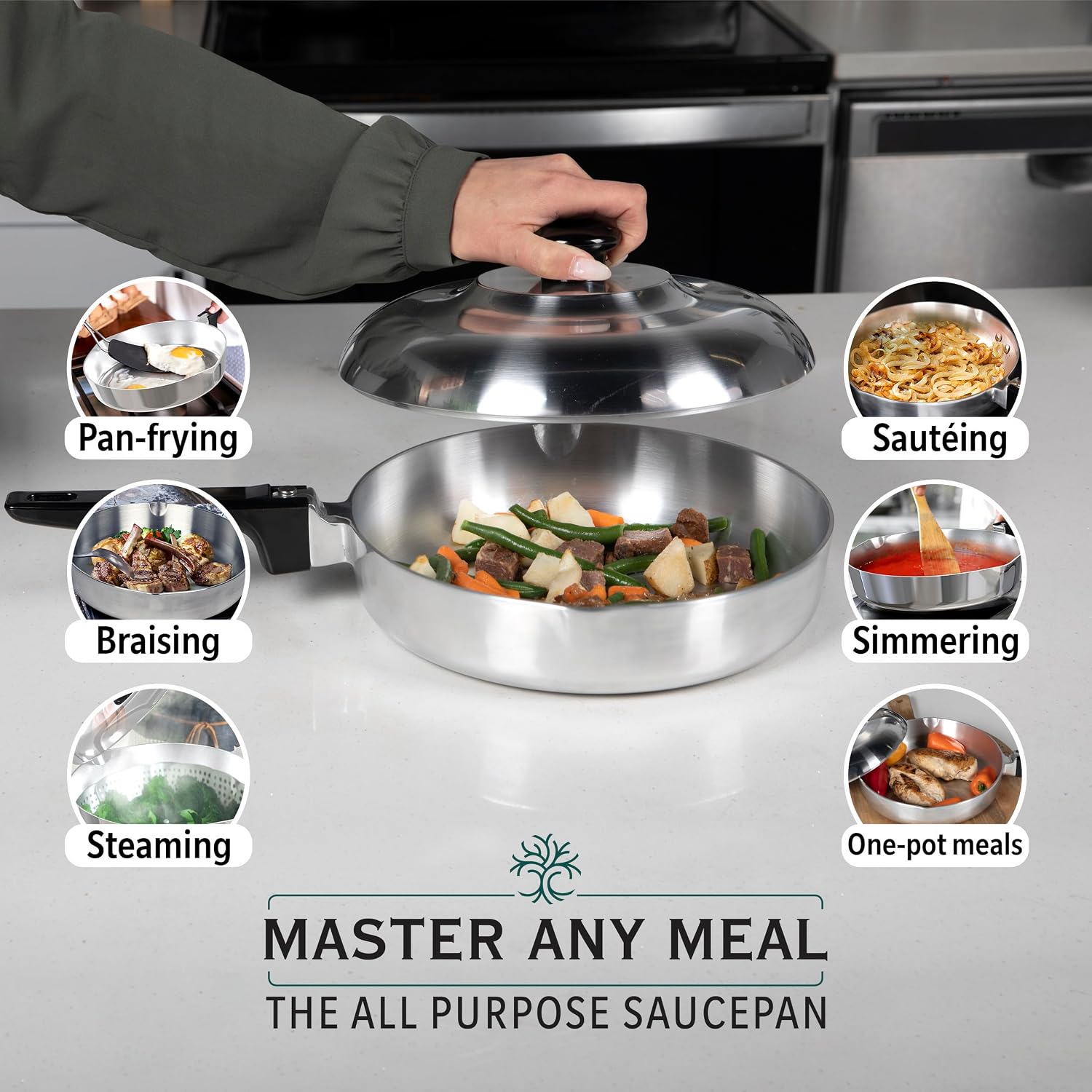 MAGNAWARE Cast Aluminum Sauté Pan with Lid 10 inch - Oven Safe Deep Frying Pan with Lid, Two Side Spouts and Ergonomic Stay-Cool Handle for Comfortable Grip and Pouring (3 Quart)