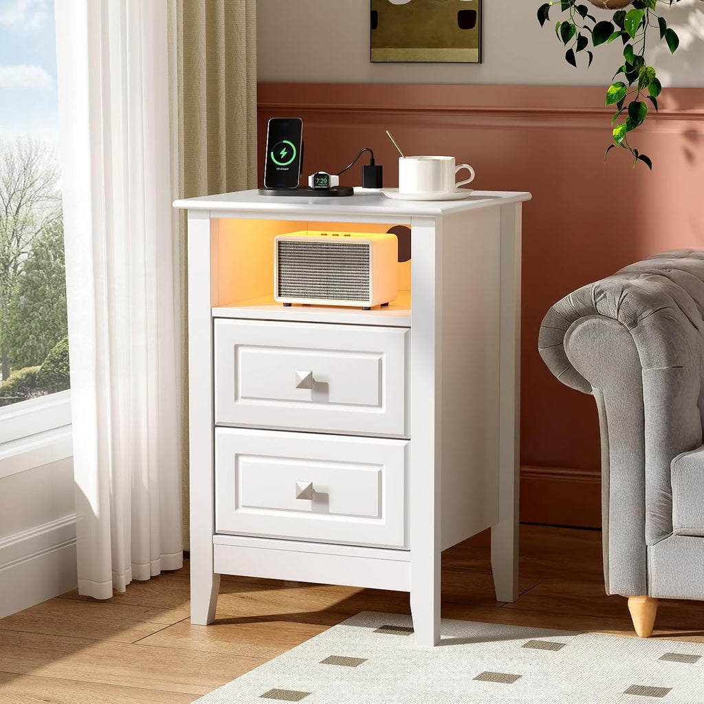 Bonnlo White Nightstand Set of 2 with Charging Station & Led Lights Night Stands White Bedside Table, Wooden Nightstands with Drawers, Modern Nightstand for Bedroom, 15.75' W*13.78' D*23.62' H