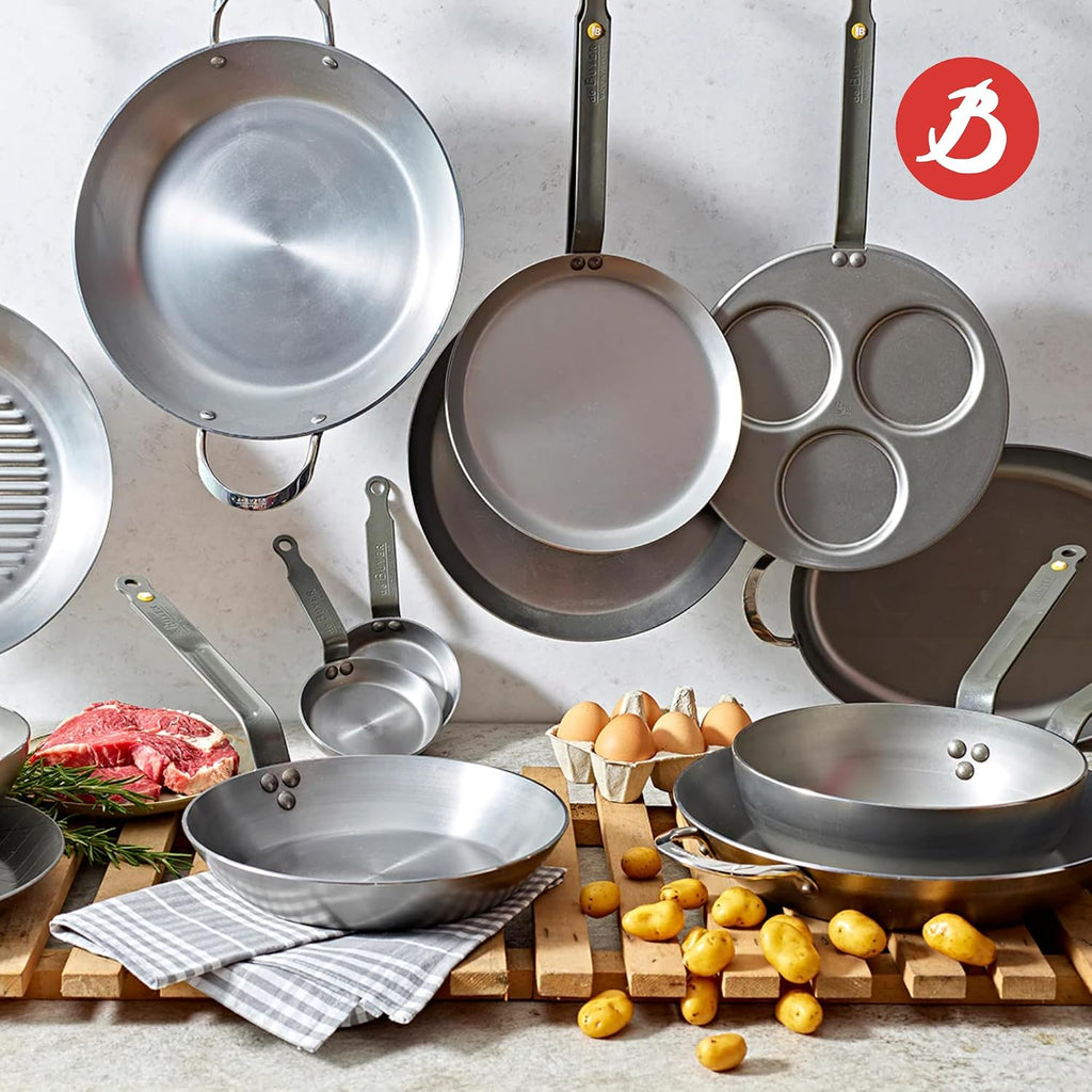 de Buyer MINERAL B Carbon Steel Fry Pan - 12.5' Diameter, 9' Cooking Surface - Ideal for Searing, Sauteing & Reheating - Naturally Non-Stick Finish - Made in France
