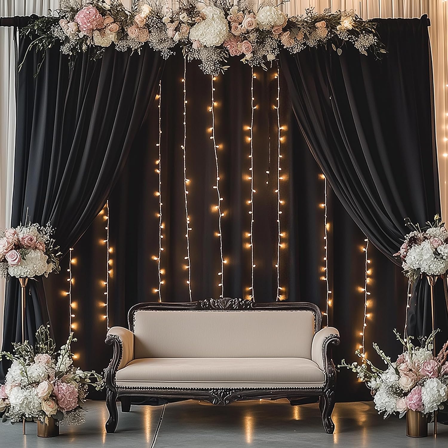 60ftx14ft Wrinkle Free Black Backdrop Curtain, 12 Panels 14FT Height Black Wedding Backdrop Drapes, Silky Polyester Back Drop Cloth for Birthday Photography Background Party Backdrop Draping