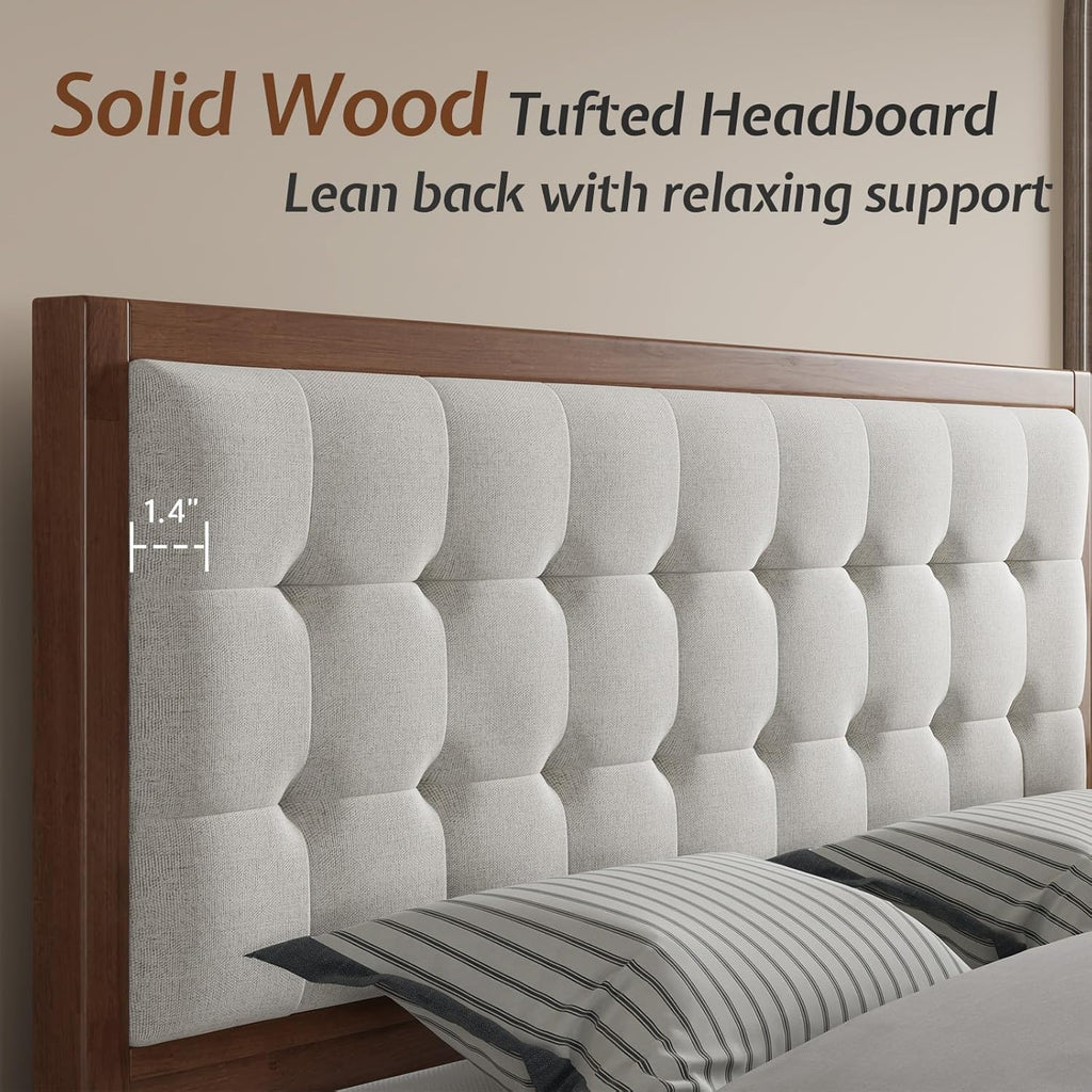 Jocisland Solid Wood Queen Size Bed Frame 50.2' Tall Upholstered Headboard, Mid-Century Style, Stable Platform Support, No Box Spring Needed, Walnut