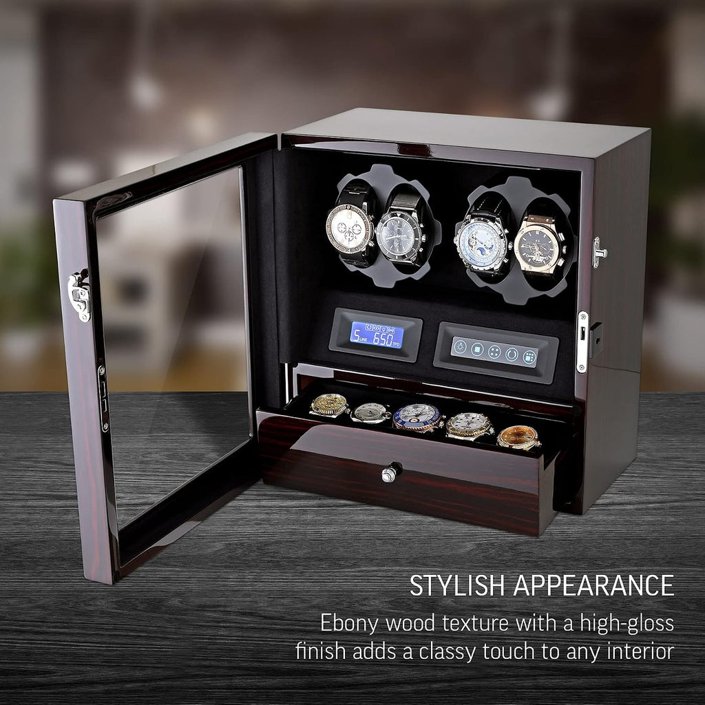 4 Watch Winder with 5 Watch Storage Space, LCD Display, Touch Control and Interior Light