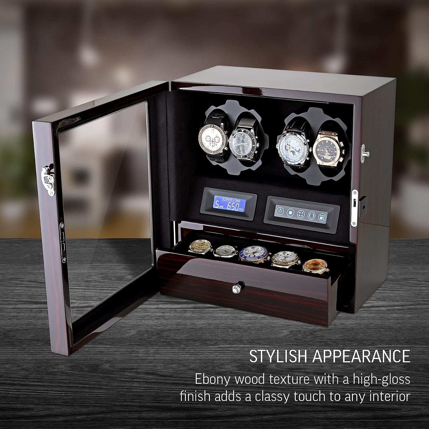 4 Watch Winder with 5 Watch Storage Space, LCD Display, Touch Control and Interior Light