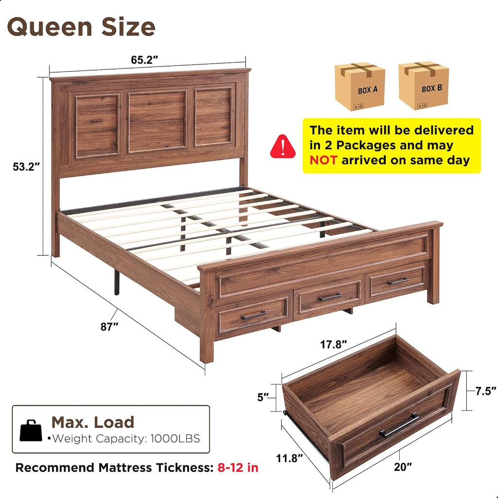 ACCOHOHO Farmhouse Queen Size Bed Frame with 52' Tall Headboard, Wood Platform Bedframe with Footboard and Storage Drawers, No Squeak, No Box Spring Needed, Brown