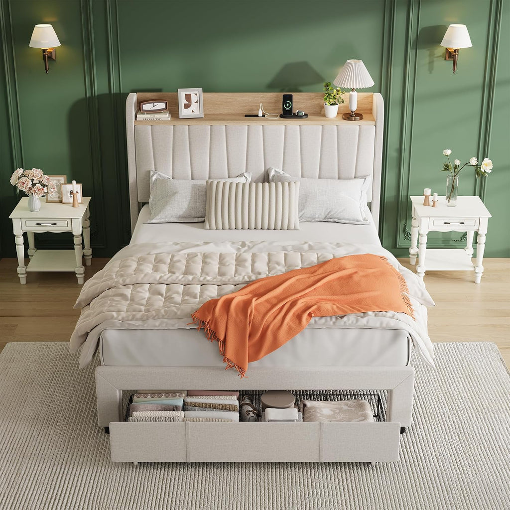 GarveeHome Upholstered Bed Frame with Storage Headboard and Charging Station, Platform Bed Frame with Drawers, Heavy Duty, No Box Spring Needed, Easy Assembly, Beige, Queen Size