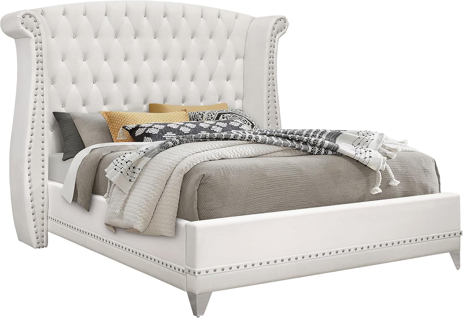 Coaster Home Furnishings Barzini Modern Classic 5-Piece Bedroom Set Velvet Upholstered California King Size Wingback Bed Frame 63-inch Headboard White 300843KW-S5