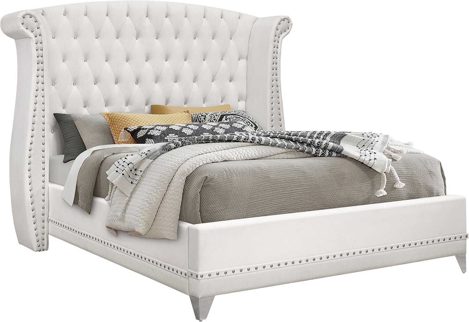 Coaster Home Furnishings Barzini Modern Classic 4-Piece Bedroom Set Velvet Upholstered California King Size Wingback Bed Frame 63-inch Headboard White 300843KW-S4