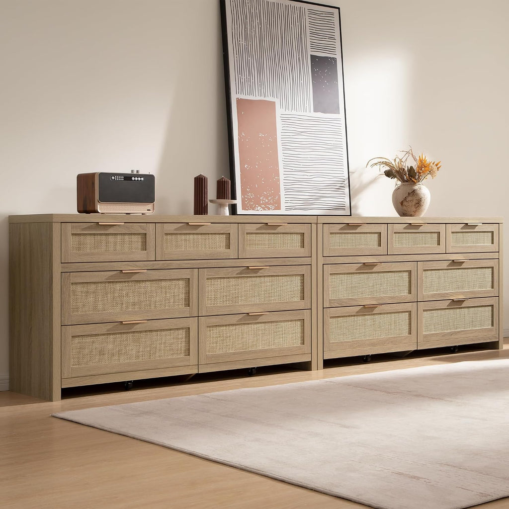 SICOTAS 7 Drawer Dressers for Bedroom Set 2, Long Rattan Dresser, Dresser TV Stand, Closet Organizer Chest of Drawers, Clothes Storage Dressers (Reclaimed Light Oak, 7 Drawers (2 pcs))