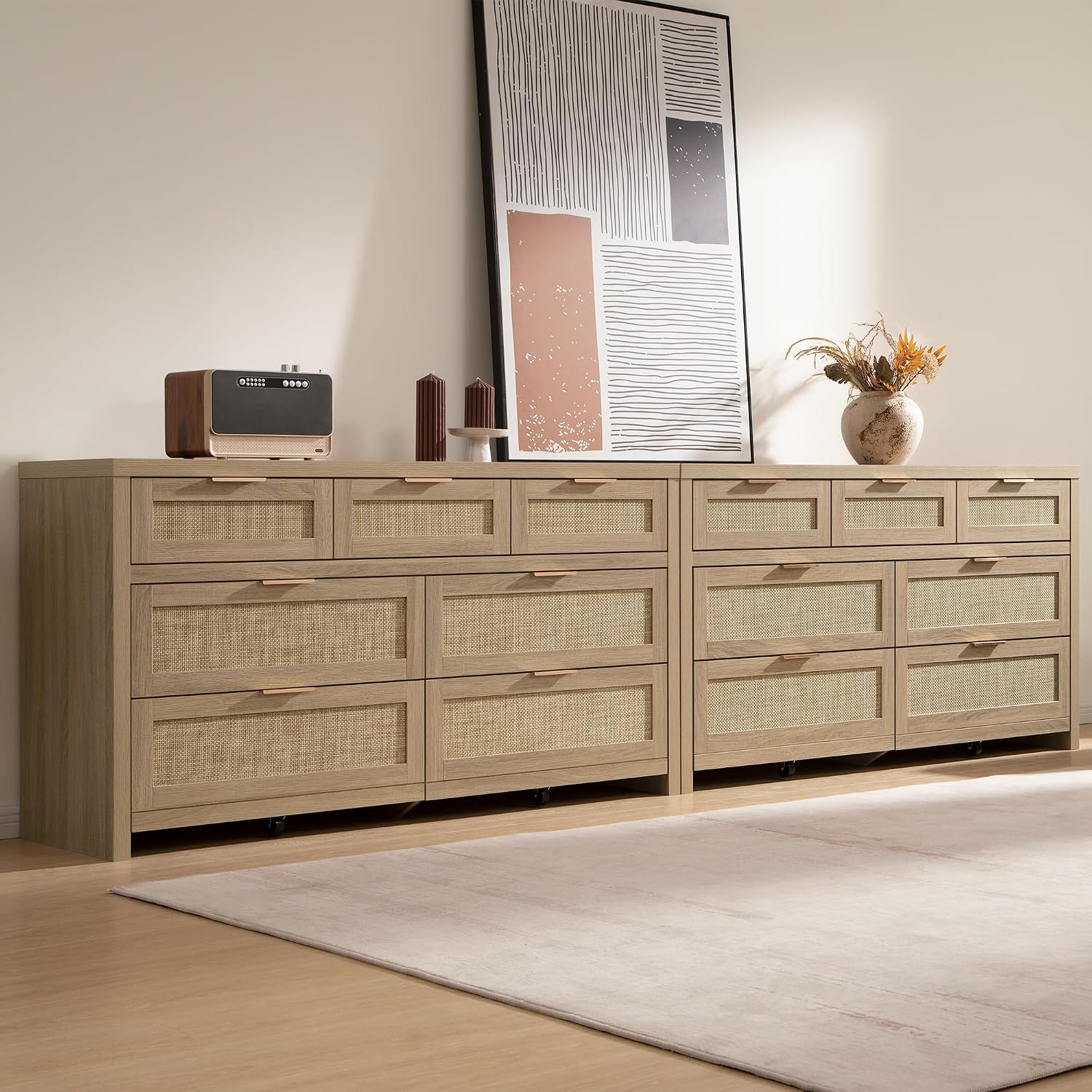 SICOTAS 7 Drawer Dressers for Bedroom Set 2, Long Rattan Dresser, Dresser TV Stand, Closet Organizer Chest of Drawers, Clothes Storage Dressers (Reclaimed Light Oak, 7 Drawers (2 pcs))