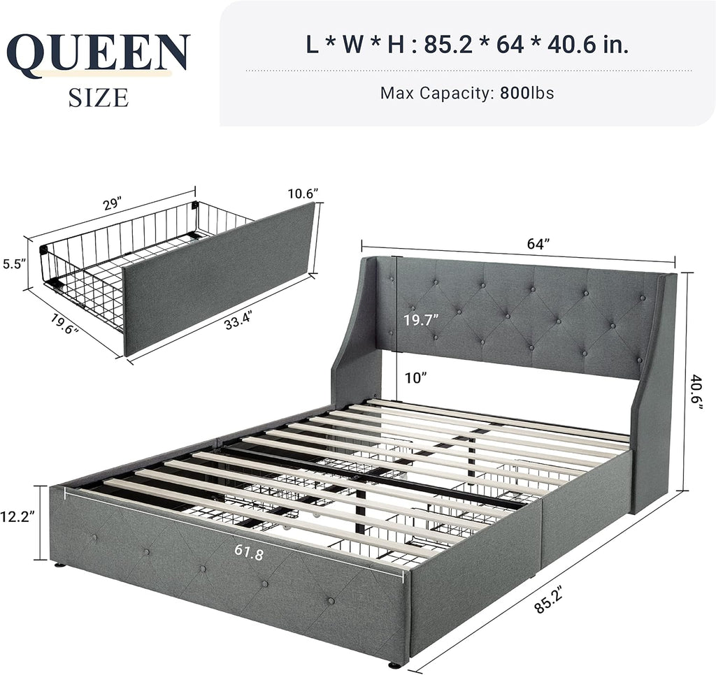 Allewie Queen Bed Frame with 4 Storage Drawers and Wingback Headboard, Button Tufted Design, No Box Spring Needed, Light Grey