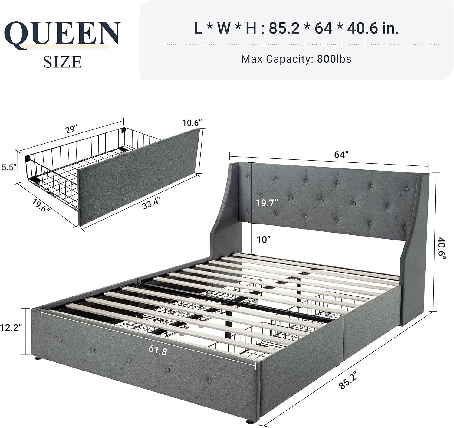 Allewie Queen Bed Frame with 4 Storage Drawers and Wingback Headboard, Button Tufted Design, No Box Spring Needed, Light Grey