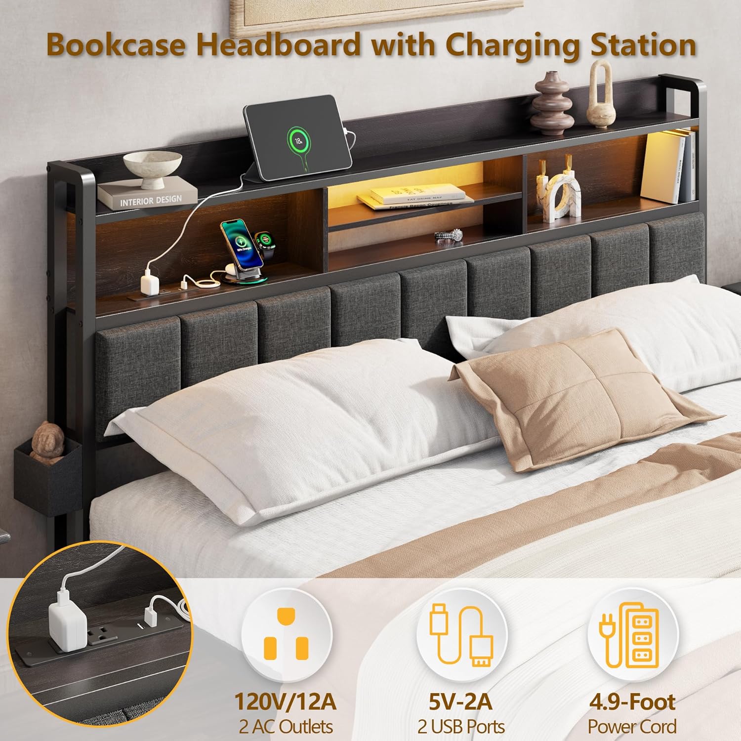 Furnulem Full Size Bed Frame with Upholstered Headboard, Bed Frame Full with Storage Drawers, Charging Station & LED Lights, Metal Platform No Box Spring Needed, Noise Free, Black (1200 lbs Capacity)