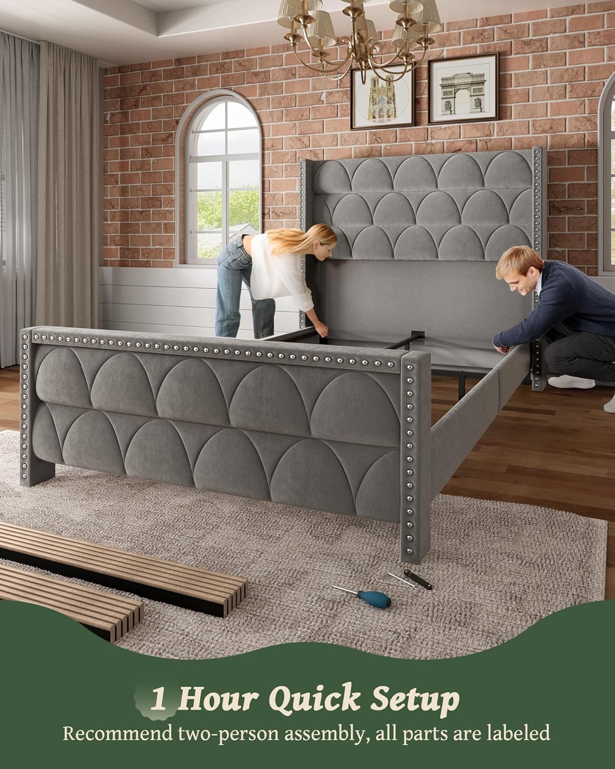 OHOHOLIVE Queen Size Bed Frame with 56' Headboard - Velvet Upholstered Wingback Platform Bed Frame, Noise Free, Sturdy Wooden Slat Support (Deep Gray, Queen)