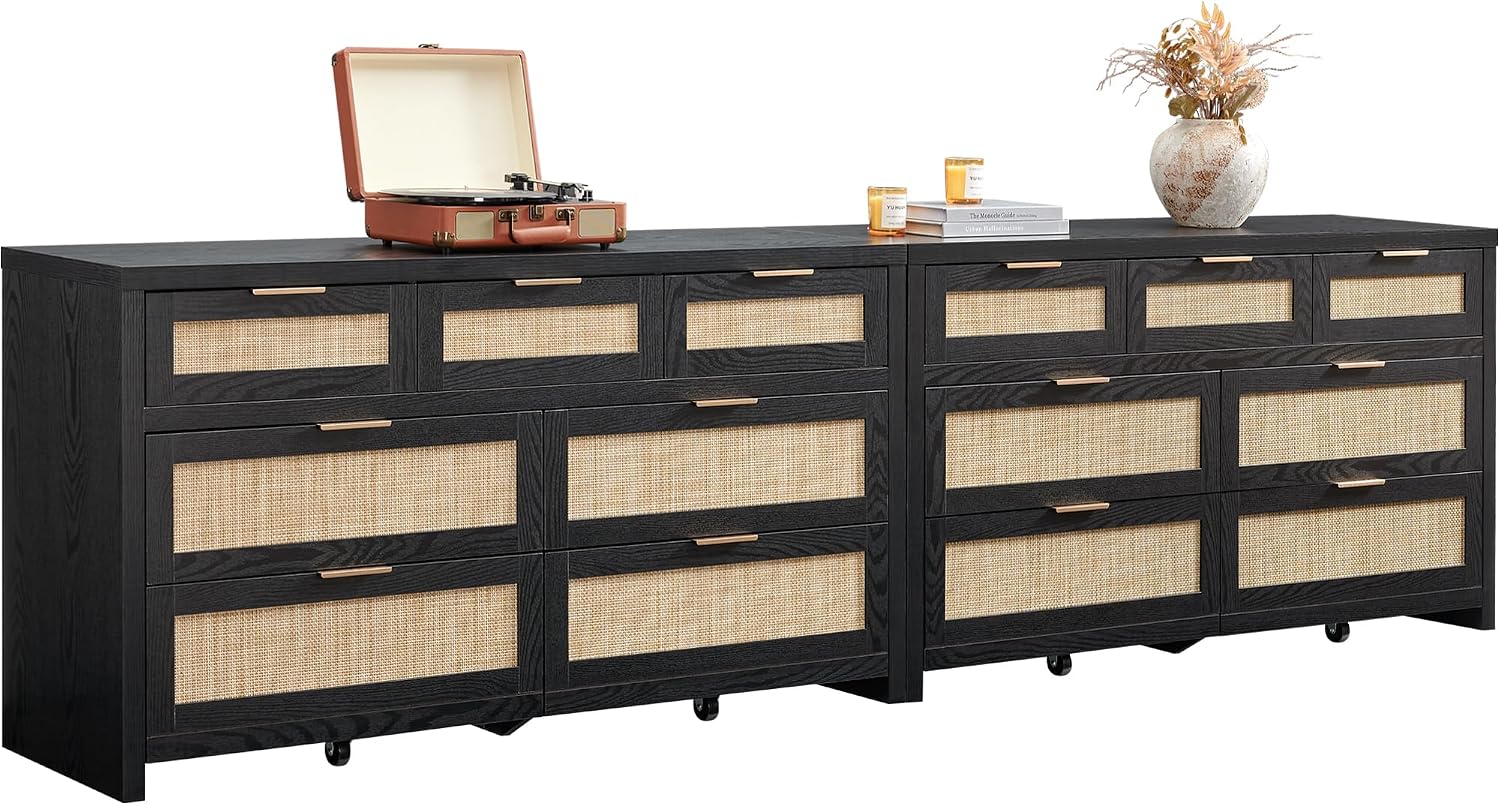 SICOTAS 7 Drawer Dressers for Bedroom Set 2, Long Rattan Dresser, Dresser TV Stand, Closet Organizer Chest of Drawers, Clothes Storage Dressers (Black Oak, 7 Drawers (2 pcs))