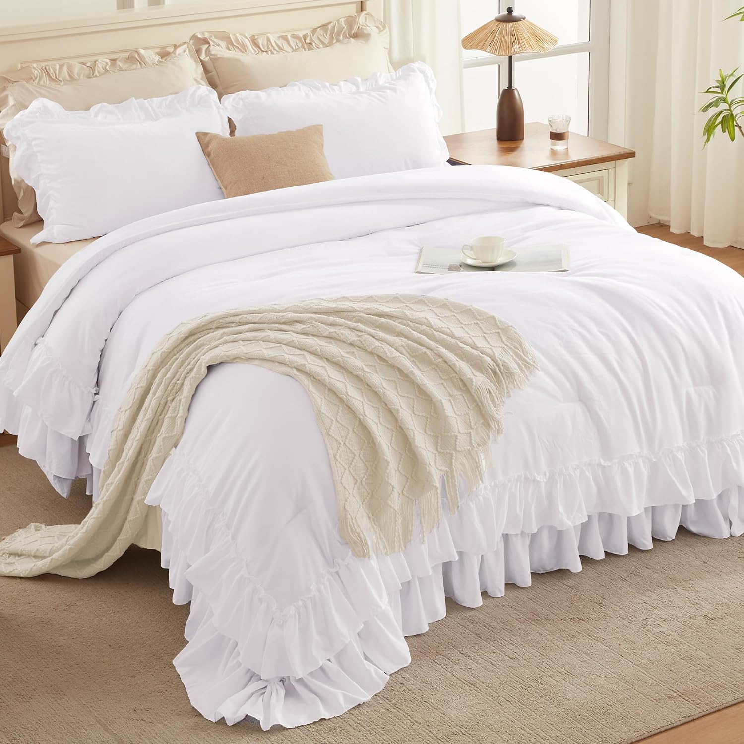 Andency Super King Plus Ruffle Comforter Set 128x120, 3 Pieces Farmhouse Shabby Chic Bedding Set, Soft Lightweight Oversized California King Comforter Set (1 Comforter 2 Pillowcases), White