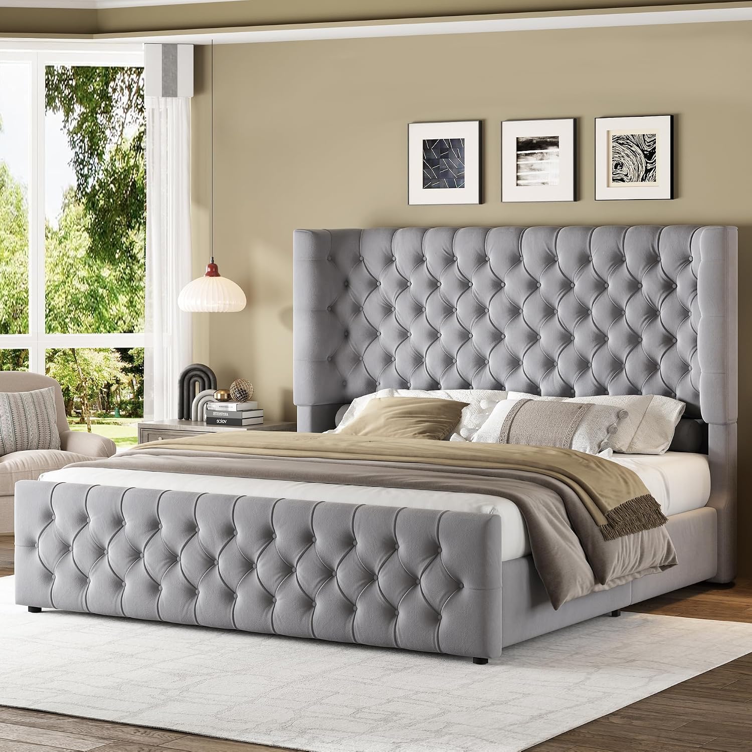 Jocisland Queen Size Platform Bed Frame, 6.3' Thick Upholstered Curved Wingback Headboard and Footboard with Deep Button Tufted, Easy Assembly, No Box Spring Needed, Light Grey Velvet