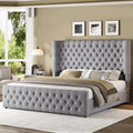 Jocisland King Size Platform Bed Frame, 6.3' Thick Upholstered Curved Wingback Headboard and Footboard with Deep Button Tufted, Easy Assembly, No Box Spring Needed, Light Grey Velvet