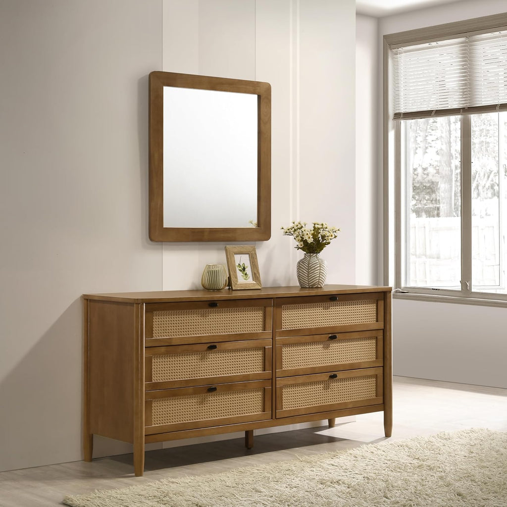 Roundhill Furniture Vichy 6-Piece Rubberwood Bedroom Set with Textured Polyester Upholstered King Bed, Dresser, Mirror, 2 Nightstands, and Chest