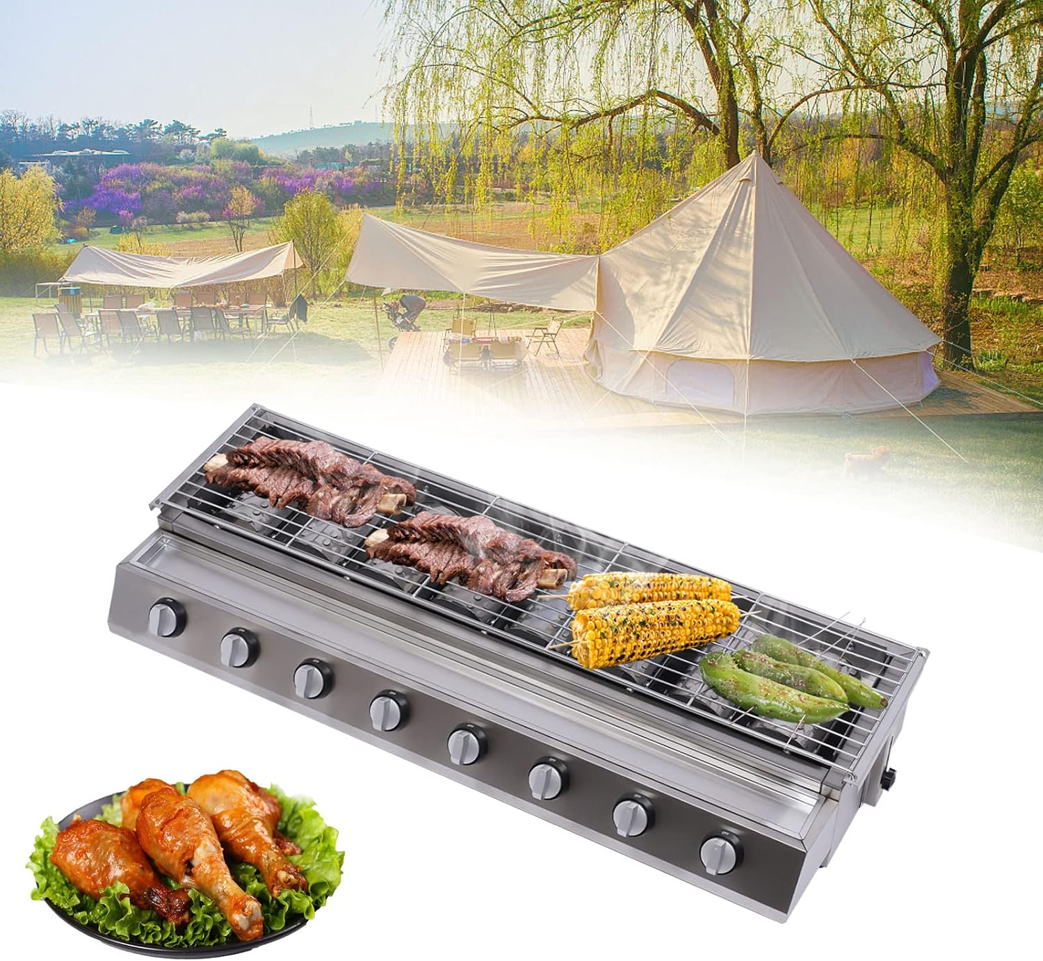LYNICESHOP 8 Burners BBQ Gas Grill, BBQ Gas Grill LPG Tabletop Gas Grill Stainless Steel w/Steel Shield Gas Grill Griddle Patio Garden Barbecue Grill with Adjustable Height for Party Backyard BBQ