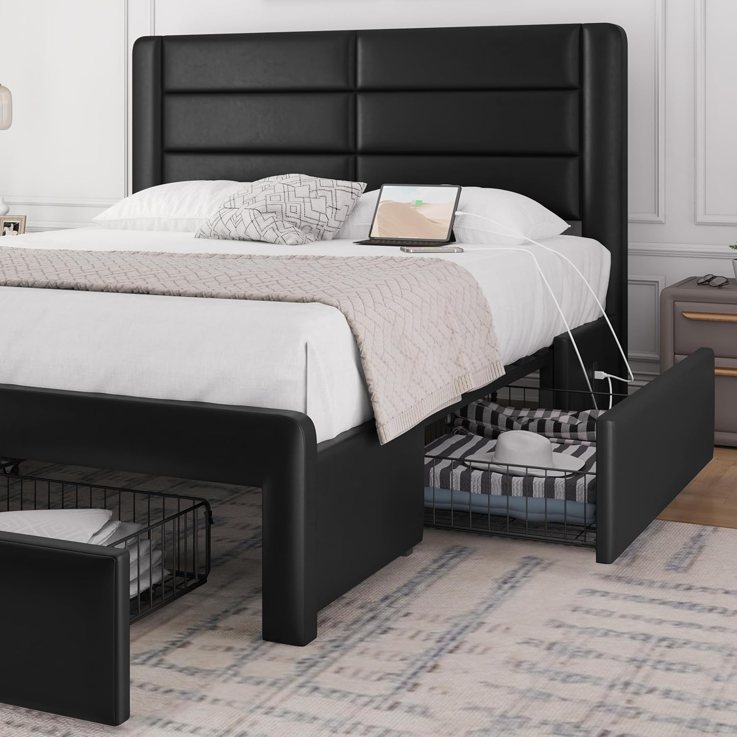 Yaheetech Full Size Bed Frame with 2 USB Charging Stations/Port for Type A&Type C/3 Storage Drawers, Leather Upholstered Platform Bed with Headboard/Solid Wood Slat Support/No Box Spring Needed/Black
