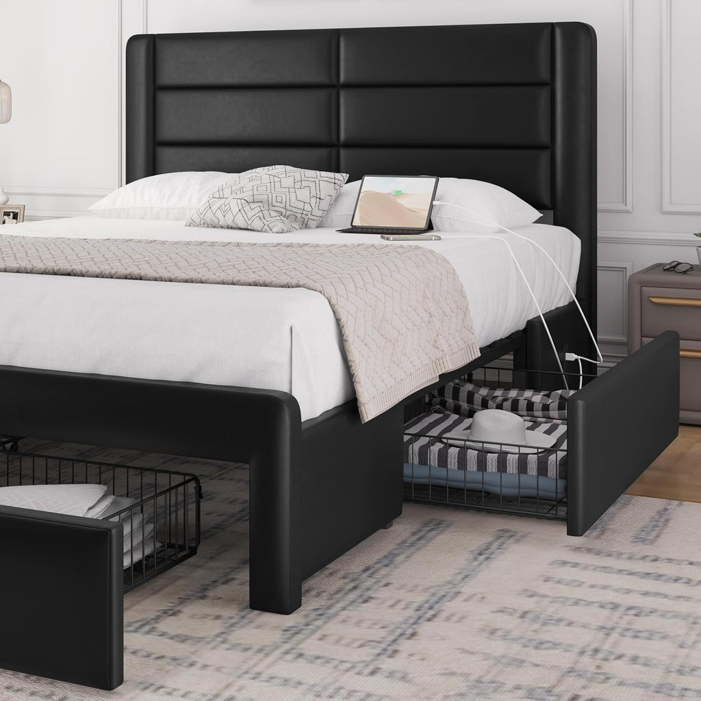Yaheetech Queen Size Bed Frame Platform with 2 USB Charging Station/Port for Type A&Type C/3 Storage Drawers, Leather Upholstered with Headboard/Solid Wood Slat Support/No Box Spring Needed/Black