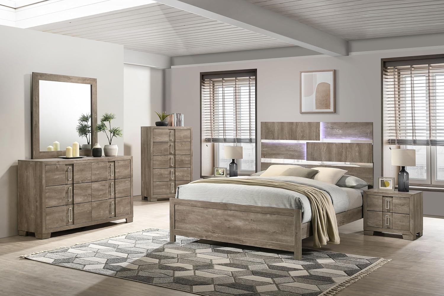 Kings Brand Furniture Dawson Modern 6-Piece King Size Farmhouse Style Bedroom Set in Light Brown Finish - Bed with LED Lights, Dresser, Mirror, Chest & 2 Nightstands