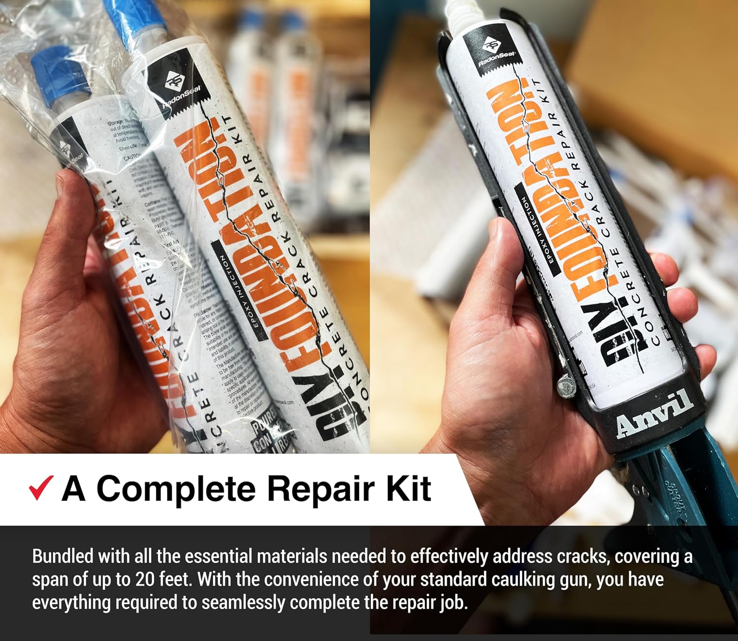 RadonSeal Epoxy Concrete Crack Repair Kit (20 ft) – Low-Viscosity Epoxy Injection for Basement & Foundation Walls – Structural Crack Repair System