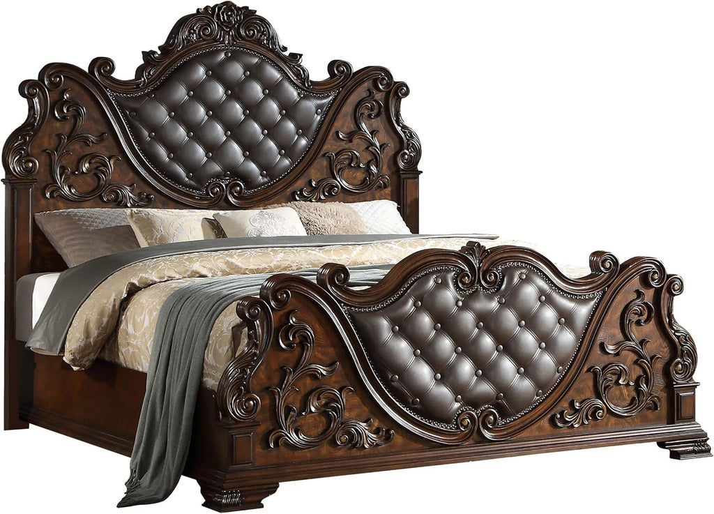 First of a Kind Cosmos Furniture Santa Monica Traditional Queen Bed - Cherry Finish Wood Bed with Tufted Headboard, Nail Head Trim - Queen Size for Classic Bedroom Decor