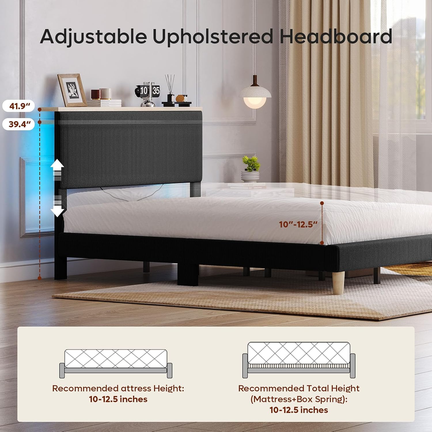 Bestier King Bed Frame with Adjustable Headboard & LED Lighting, Corduroy Upholstered Platform Bed Frame with Storage Shelf, Solid Wood Slats, No Box Spring Needed, Never Squeak, Easy Assembly, Black