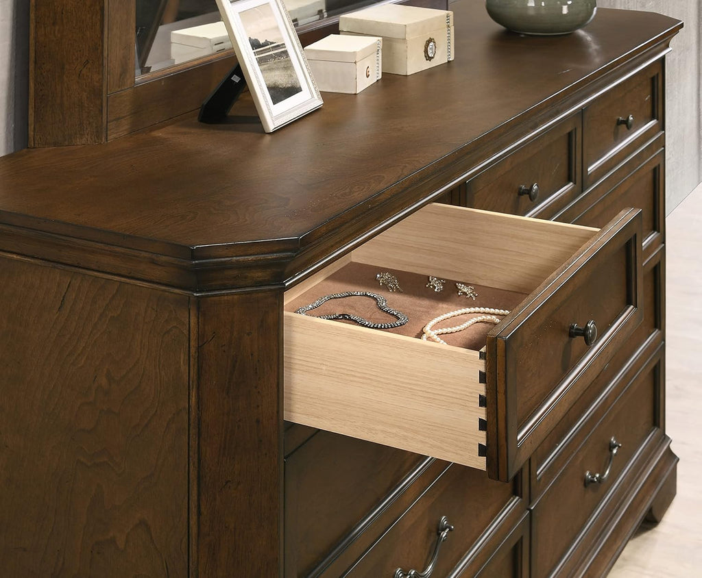 Roundhill Furniture Maderne Traditional Wood Panel Bed with Dresser, Mirror, Nightstand, Queen, Antique Walnut Finish