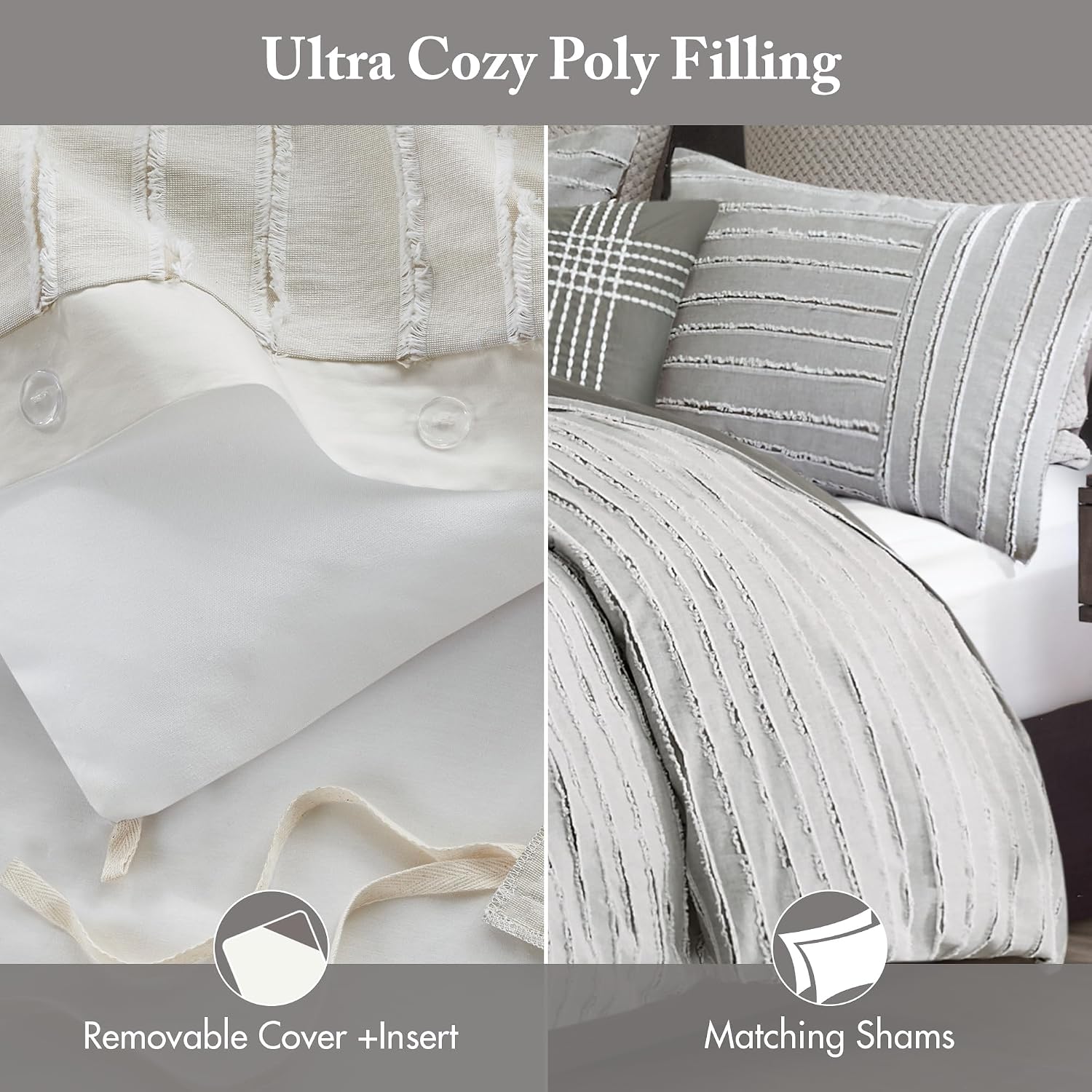 Madison Park King Comforter Set, Removable 100% Cotton Duvet Cover King Size with Insert, Farmhouse Bedding, Textured Stripe Clipped Jacquard Accent, King, Grey 9 Piece