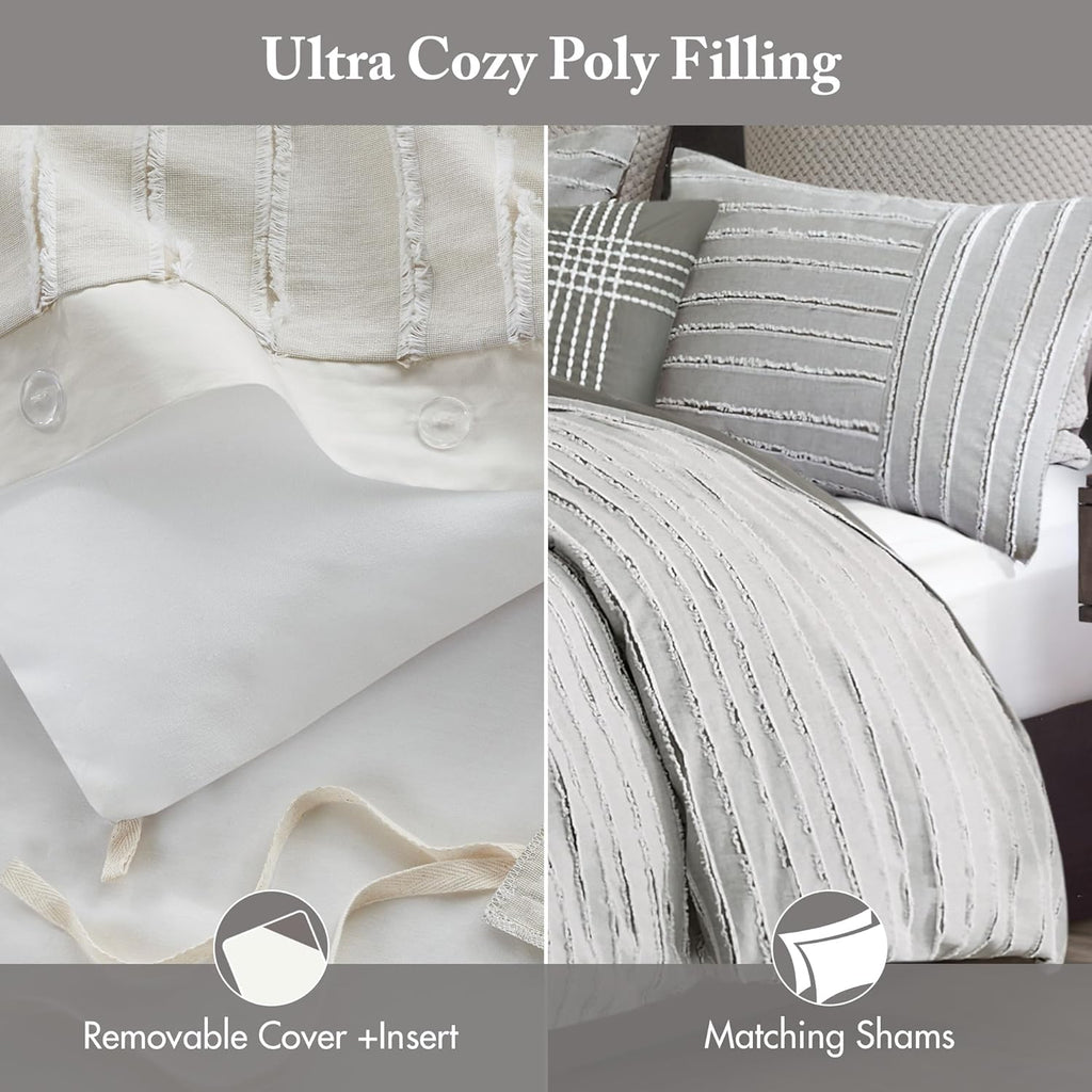 Madison Park Queen Comforter Set, Removable 100% Cotton Duvet Cover Queen Size with Insert, Farmhouse Bedding, Textured Stripe Clipped Jacquard Accent, Queen, Grey 8 Piece